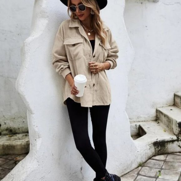 Casual Trendy Corduroy Flap Pocket Button down shirt Shacket jacket Coat beige - Picture 4 of 6